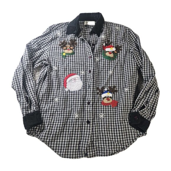 Vintage Women S Christmas Button Up Black White Plaid Reindeer Santa Embroidered - Picture 1 of 13
